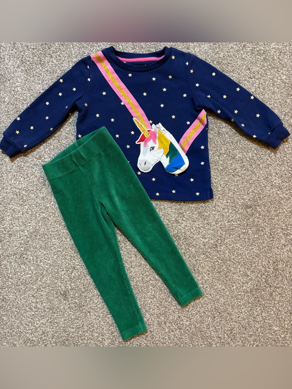 Mini Boden Girls Navy Unicorn Sweatshirt and Green Ribbed Leggings